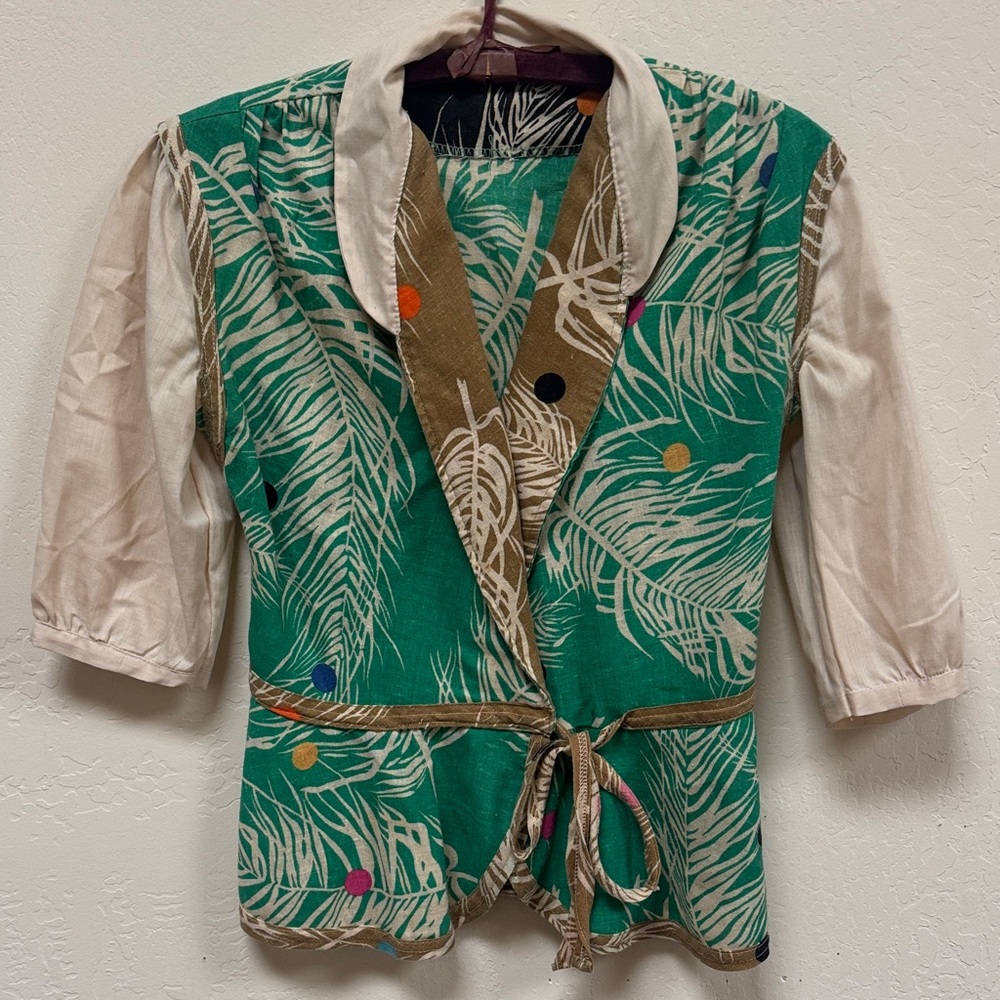 70’s Vintage Handmade Women's Blouse with Leaf Print and Polka Dots